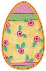Applique Easter egg featuring a vibrant yellow base, pink flowers, and playful green stripes, perfect for spring.