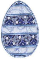Applique Easter egg featuring intricate blue geometric patterns and decorative dots, perfect for springtime decor.