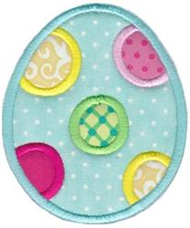 Applique Easter egg with pastel blue background, vibrant polka dots, and cheerful swirls for a festive spring look.