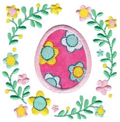 Applique pink egg with colorful flowers and green leaves, vibrant spring design perfect for Easter.