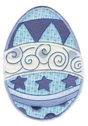 Applique decorative Easter egg in blue and white, featuring playful swirly patterns and star shapes, perfect for kids.
