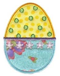 Applique decorative egg with yellow polka dots, blue floral design, and pink flowers, perfect for Easter.