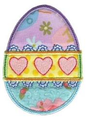 Applique decorative egg in vibrant purple, yellow, and pink, adorned with playful flowers and hearts for Easter.