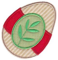 Applique embroidered decorative egg with bold red accents and a green leaf motif on a striped beige background, perfect for E