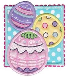 Applique decorative Easter eggs in pastel colors, with polka dots and zigzag patterns, perfect for spring.