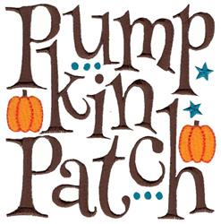 Applique text 'Pumpkin Patch' in brown with orange pumpkins and blue stars, playful Halloween theme.