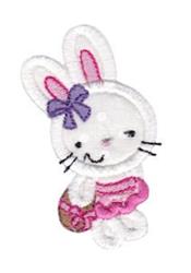 Applique rabbit in a pink dress with a purple bow, holding a decorated Easter egg; cute and colorful for Easter.