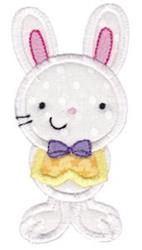 Applique rabbit with white fur, pink ears, and a yellow bow, featuring a playful polka dot design for Easter.