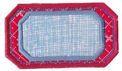 Applique rectangular fabric patch with a red border, blue grid center, and decorative stitching.