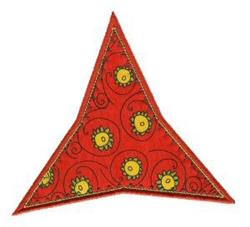 Applique triangular patch in vibrant red with yellow flowers and swirling patterns, perfect for colorful decor.