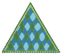 Applique triangular patch featuring vibrant blue and green leaf patterns with contrasting green thread edges.