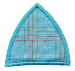 Applique triangular shape with blue outline and light blue plaid fabric, perfect for children's projects.