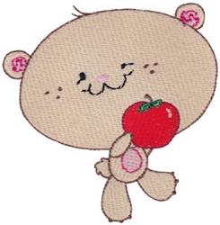 Whimsical bear holding a bright red apple with pink accents on its ears, perfect for children's items.