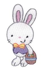 Cute white bunny with a purple bow holding a colorful Easter basket filled with eggs, perfect for children's projects.