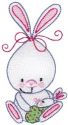 Cute bunny with pink-tipped ears and cheerful face holding a green egg, perfect for Easter decor.