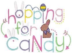 Playful bunny silhouette with decorative ears and vibrant 'hopping for candy' text, perfect for Easter.