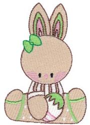 Cute bunny with large ears and a green bow beside a pastel Easter egg, perfect for festive celebrations.