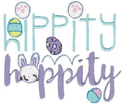 Playful bunny surrounded by colorful Easter eggs with 'Hippity Hoppity' text in pastel shades, perfect for Easter.