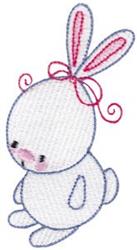 Playful bunny with white fur and long pink ears, adorned with a curly pink bow, perfect for Easter decoration.