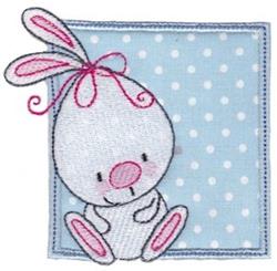 Cute bunny with pink bow, seated in a light blue square with polka dots, perfect for Easter decor.