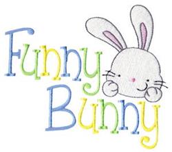 Playful bunny face with long ears and cheerful expression. Colorful 'Funny Bunny' text makes it perfect for Easter.