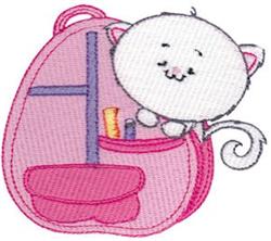 Cute white cat cheerfully lounging in pink backpack filled with school supplies, playful design.