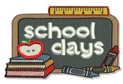 Chalkboard displaying 'school days' with a bright apple, colorful books, crayons, and a ruler, perfect for back-to-school the