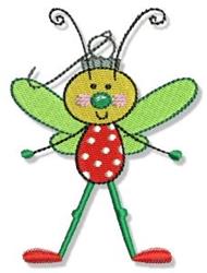 Applique cartoon bug with a yellow body, green wings, and polka dot belly, ideal for playful children's designs.