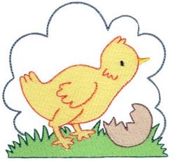 Cheerful yellow chick beside a cracked egg on green grass, perfect for playful Easter-themed embroidery.