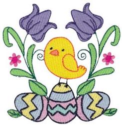 Cheerful chick standing atop colorful Easter eggs, surrounded by vibrant purple flowers, perfect for festive projects.
