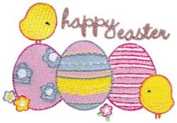 Playful yellow chick with colorful Easter eggs and 'happy easter' text, perfect for spring celebrations.