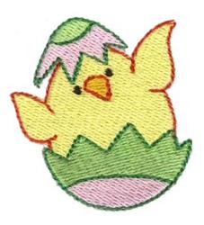 Colorful chick emerging from a green eggshell, wearing a pink cap, perfect for playful Easter projects.