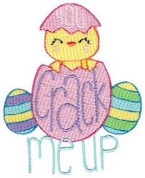 Cheerful yellow chick hatching from a pink egg, surrounded by colorful decorative eggs for Easter, playful and festive.