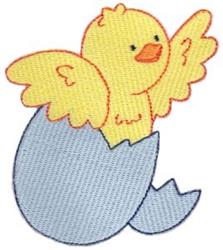 Cute yellow chick emerging from a blue eggshell with outstretched wings, perfect for spring children's items.