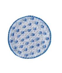 Circular motif featuring a light blue outline and white interior with evenly spaced blue dots, showcasing a simple and playfu