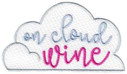 Playful fluffy cloud featuring vibrant 'on cloud wine' script text in light blue and pink.