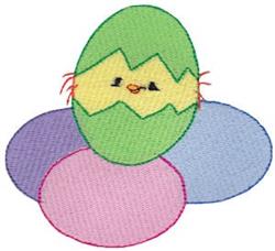 Cracked green egg with a chick peeking out, surrounded by pastel pink, purple, and blue eggs, vibrant Easter theme.