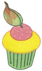 Playful cupcake with yellow frosting, pink icing, and a green leaf, perfect for festive embroidery projects.