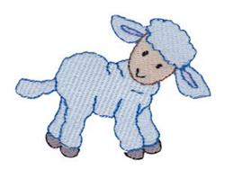 Cute lamb in playful stance with light blue fleece, brown hooves, and smiling face, perfect for spring themes.