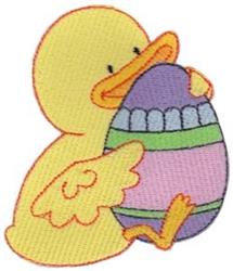 Cartoon yellow duck embracing a colorful Easter egg in pastel shades, perfect for festive spring occasions.