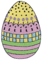 Colorful Easter egg with decorative polka dots, stripes, and checkerboard patterns, adorned for the festive season.