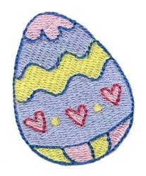 Decorative Easter egg in pastel blue, yellow, and pink with zigzags, dots, and hearts. Playful, festive design.