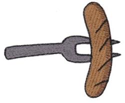 Cartoonish fork piercing a warm brown bread roll with simple gray detailing, perfect for kitchen towels.