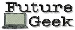 Playful text 'Future Geek' with a stylized computer illustration in muted colors and black outlines.