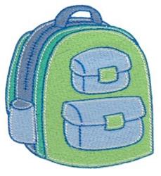 Playful green backpack with blue accents, featuring two front pockets and a simple cartoonish design.