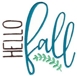 Text design 'Hello Fall' in blue and brown with green foliage, modern and whimsical for autumn décor.
