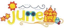 June in bright yellow letters, playful sun, colorful sandcastle, and waves capture summer vibes.