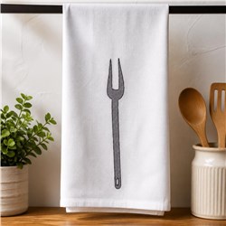 Minimalist kitchen fork in black outline on a white towel, with wooden utensils and a plant, creating a cozy vibe.