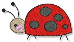 Cartoonish ladybug with a red shell and black spots, smiling softly. Ideal for children's decor.