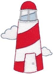 Playful lighthouse with red and white stripes and bright dome, flanked by fluffy clouds, creating a cheerful seaside scene.